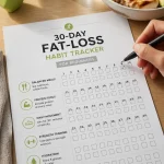 30-day fat-loss habit tracker with daily checkboxes for meals, movement, strength training, hydration, and sleep