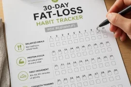 30-day fat-loss habit tracker with daily checkboxes for meals, movement, strength training, hydration, and sleep
