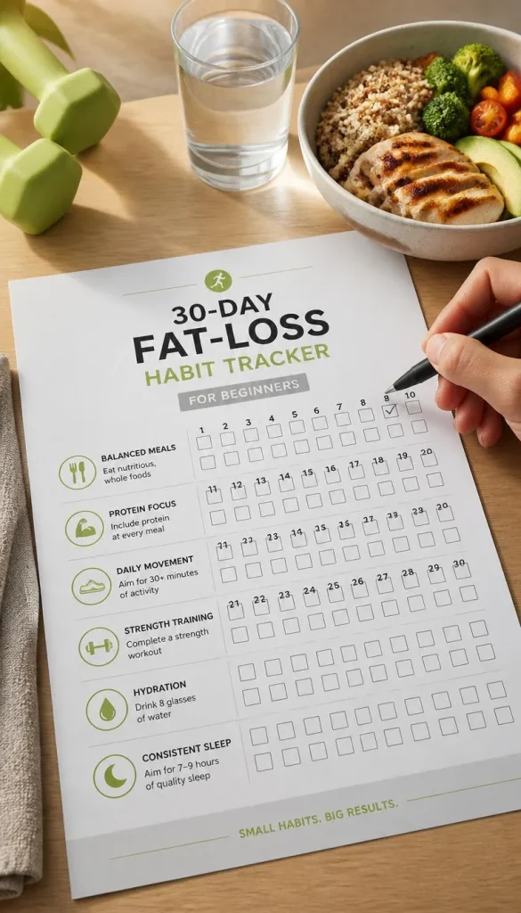 30-day fat-loss habit tracker with daily checkboxes for meals, movement, strength training, hydration, and sleep
