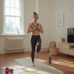 30-minute full body workout at home featuring bodyweight exercises on a mat in a bright living room.