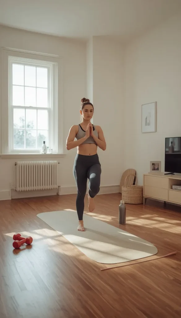 30-minute full body workout at home featuring bodyweight exercises on a mat in a bright living room.