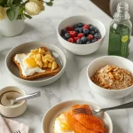 30g protein breakfasts spread featuring eggs, cottage cheese, Greek yogurt, berries, oats, and smoked salmon.