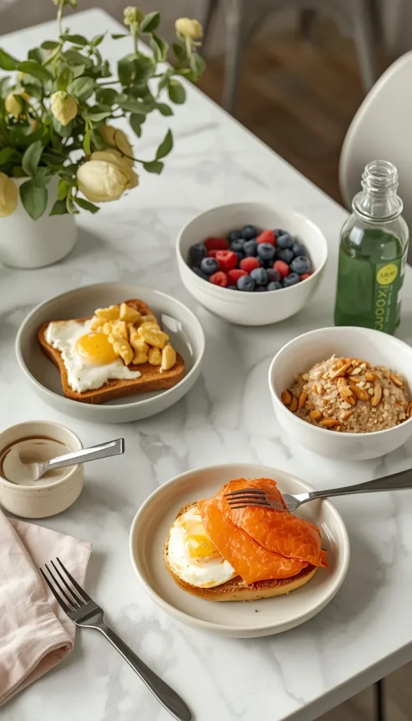 30g protein breakfasts spread featuring eggs, cottage cheese, Greek yogurt, berries, oats, and smoked salmon.