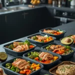 5 High-Protein Meal Prep Ideas of containers with chicken, grains and vegetables