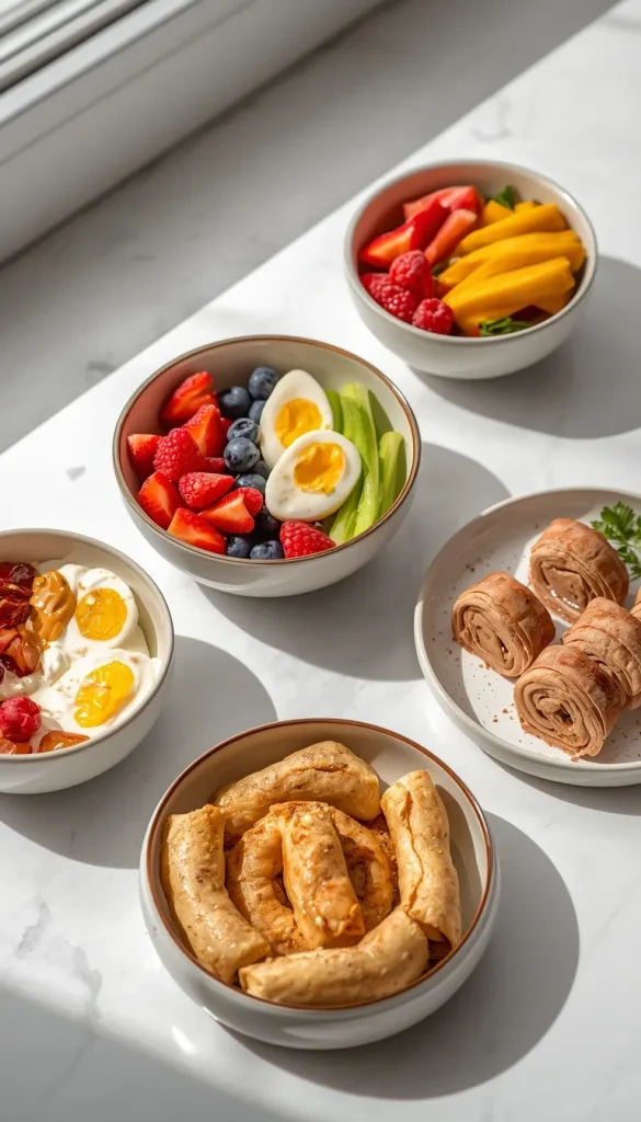 A selection of quick high-protein snacks including Greek yogurt with berries, cottage cheese, eggs with vegetables, peanut butter banana bites, and turkey roll-ups