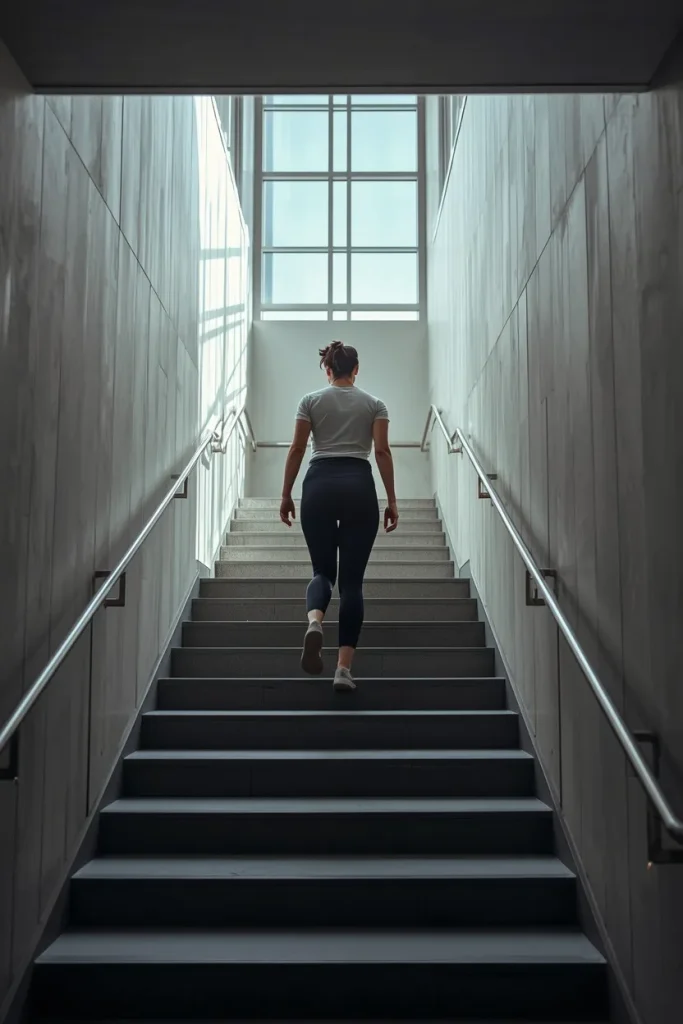 Adult choosing stairs instead of an elevator during a normal day