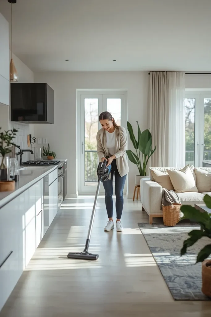 Adult cleaning a modern home as part of an active daily routine