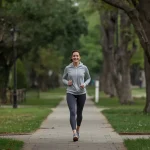 Adult taking a brisk walk outdoors as part of a sustainable energy burn routine