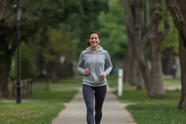 Adult taking a brisk walk outdoors as part of a sustainable energy burn routine