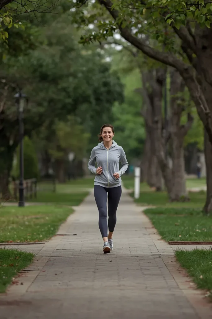 Adult taking a brisk walk outdoors as part of a sustainable energy burn routine