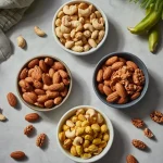Assorted protein-rich nuts including almonds, peanuts, pistachios, cashews, and walnuts