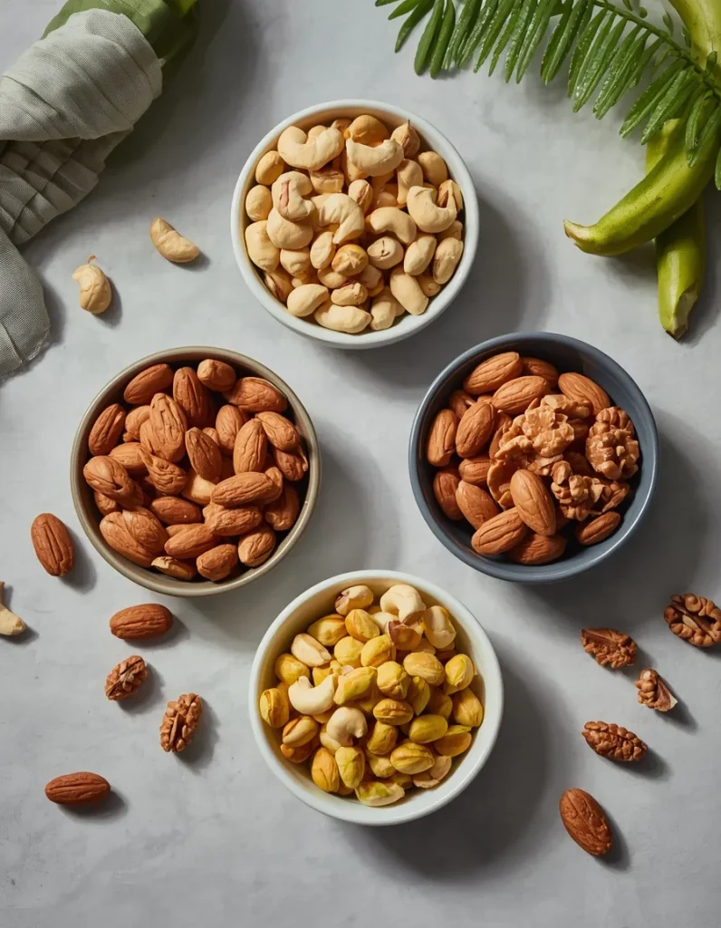 Assorted protein-rich nuts including almonds, peanuts, pistachios, cashews, and walnuts