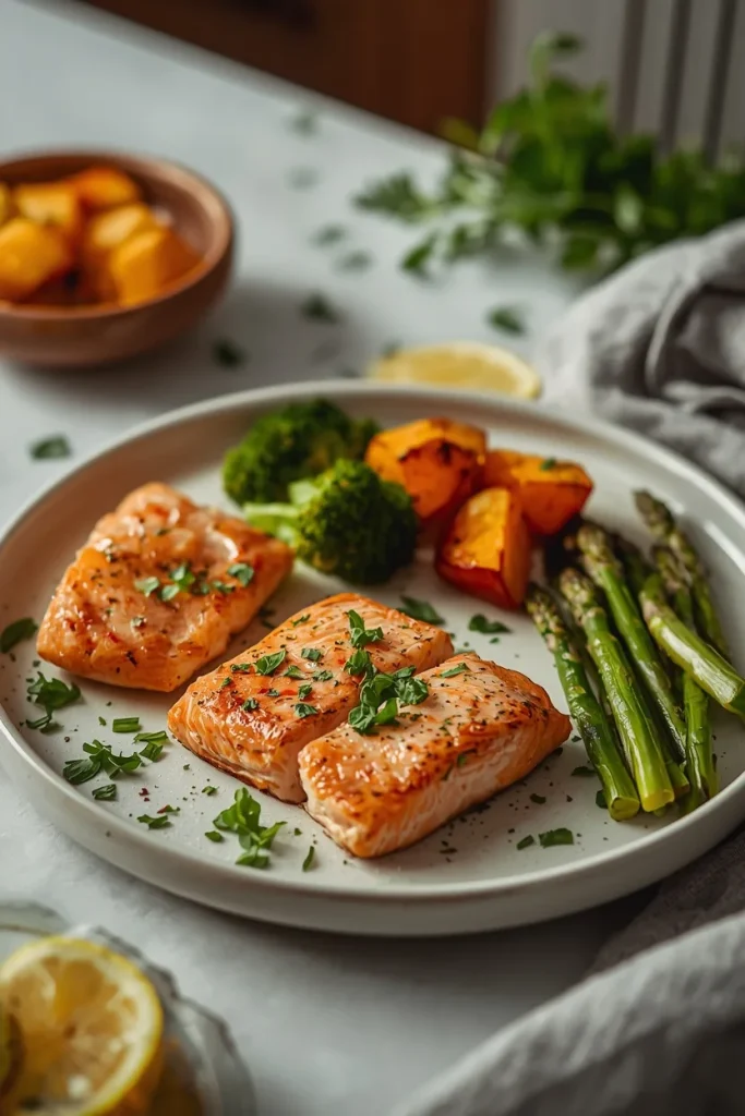 Baked salmon with broccoli and sweet potato