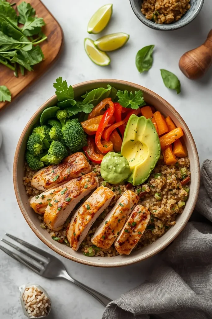 Balanced chicken and quinoa bowl with vegetables for a nutritious fat-loss meal idea