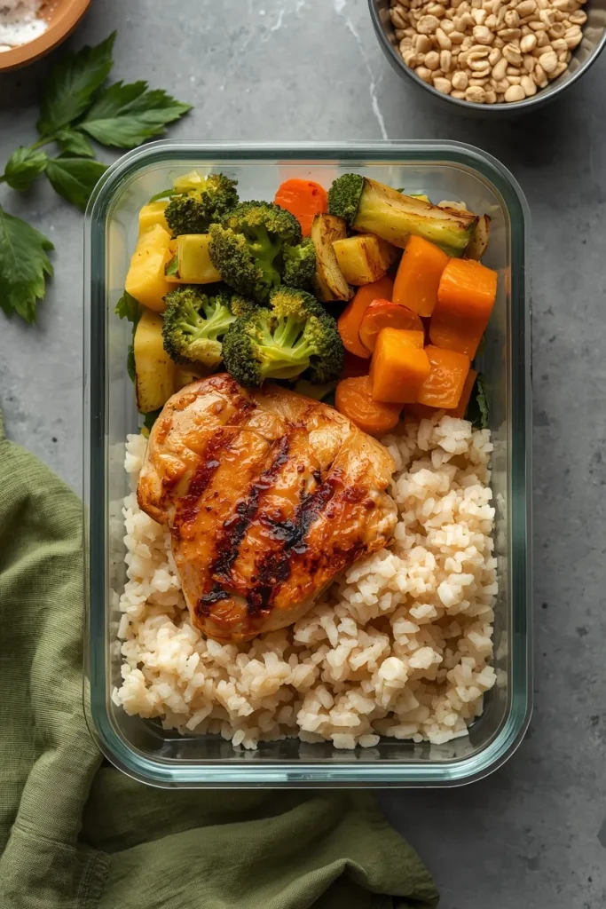 Balanced chicken rice and vegetable freezer meal for dinner
