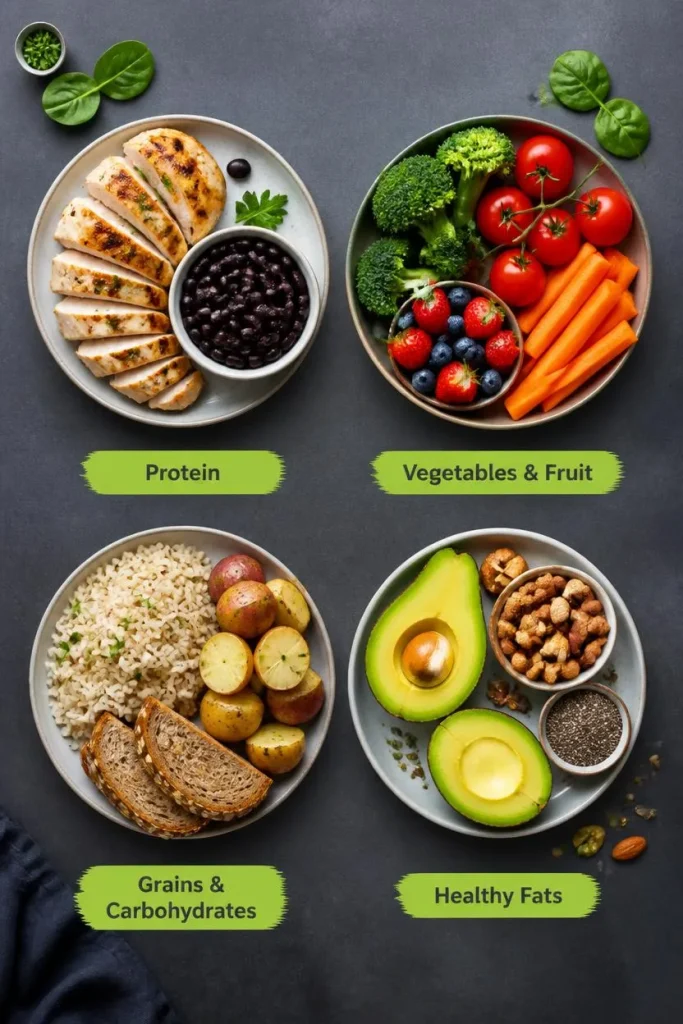 Balanced family meal components including protein, vegetables, fruit, carbohydrates, and healthy fats