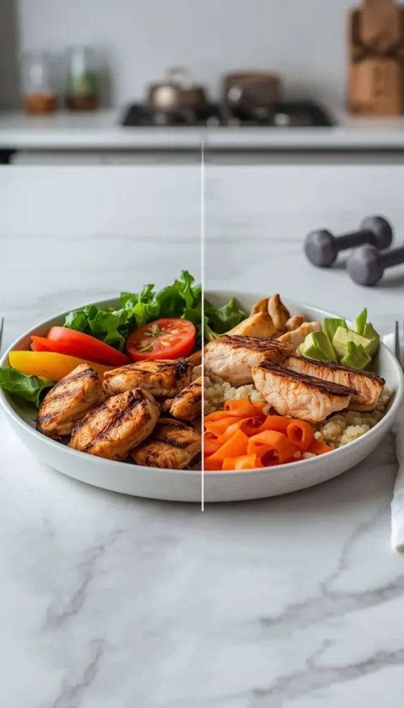 20 High-Protein Meal Ideas for Fat Loss setups with protein, vegetables, rice, avocado, and other nutritious foods
