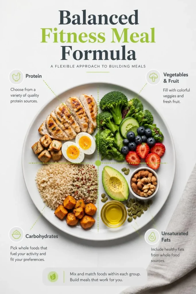 Balanced fitness meal formula showing protein, vegetables and fruit, carbohydrates, and sources of unsaturated fats for 20 High-Protein Meal Ideas for Fat Loss