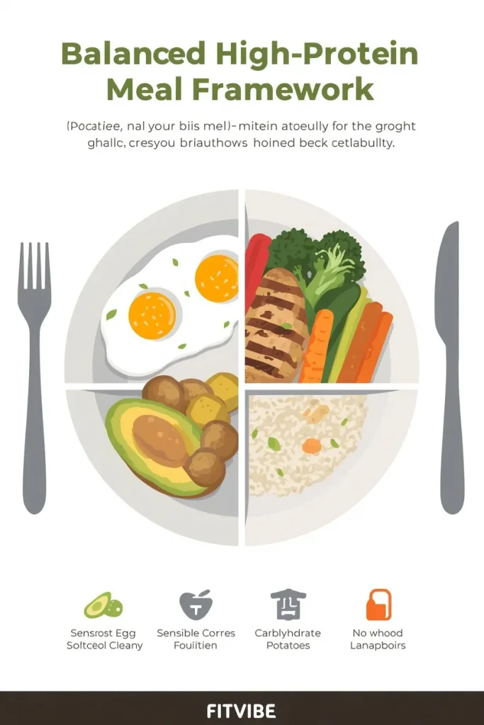 Balanced high-protein meal with lean protein, vegetables, carbohydrates and healthy fats