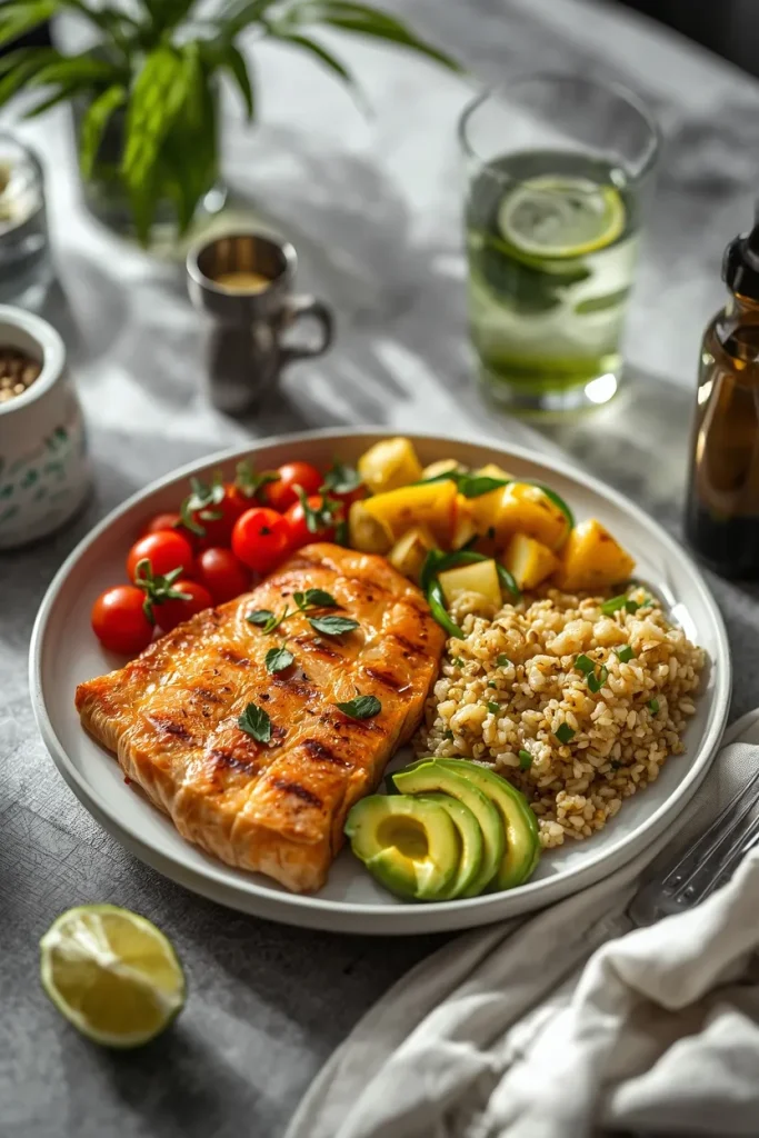 Balanced high-protein meal with lean protein, vegetables, whole-food carbohydrates, and healthy fats