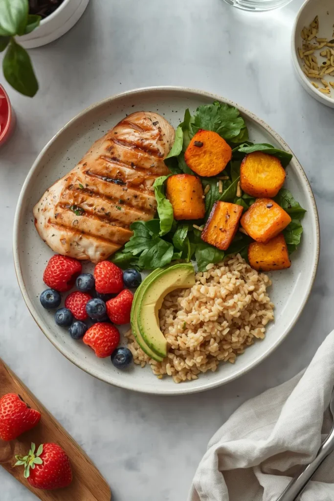 Balanced meal with protein, vegetables, whole grains, and healthy fats