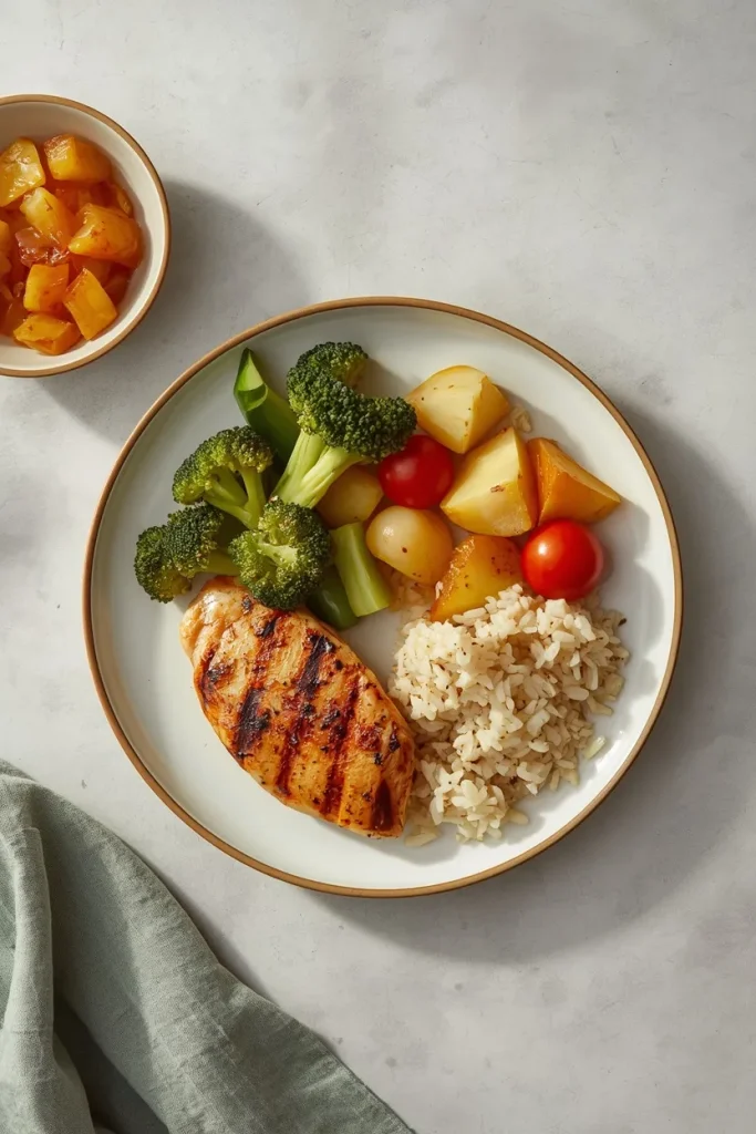 Balanced plate showing vegetables, protein, whole grains, and healthy fats
