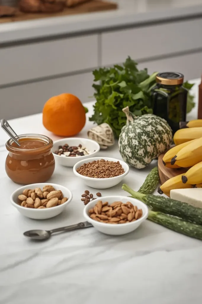 Balanced portions of nutritious foods and calorie-dense ingredients on a kitchen counter