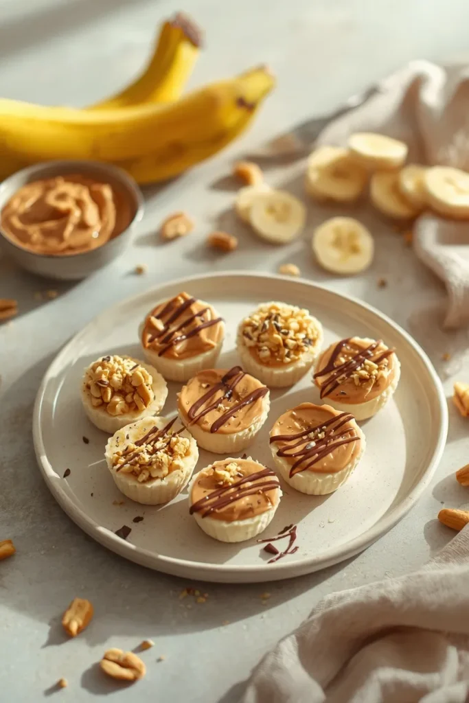 Banana slices topped with natural peanut butter, crushed peanuts, chia seeds, and a light honey drizzle