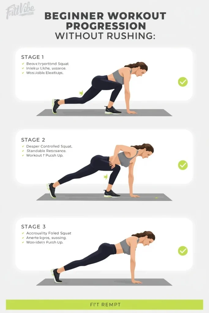 Beginner exercise progression showing easier and more challenging variations of strength exercises