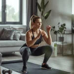 Beginner exercising at home with simple bodyweight movements in a bright, organized living space.