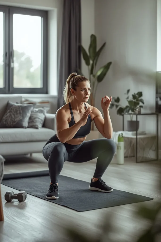 Beginner exercising at home with simple bodyweight movements in a bright, organized living space.