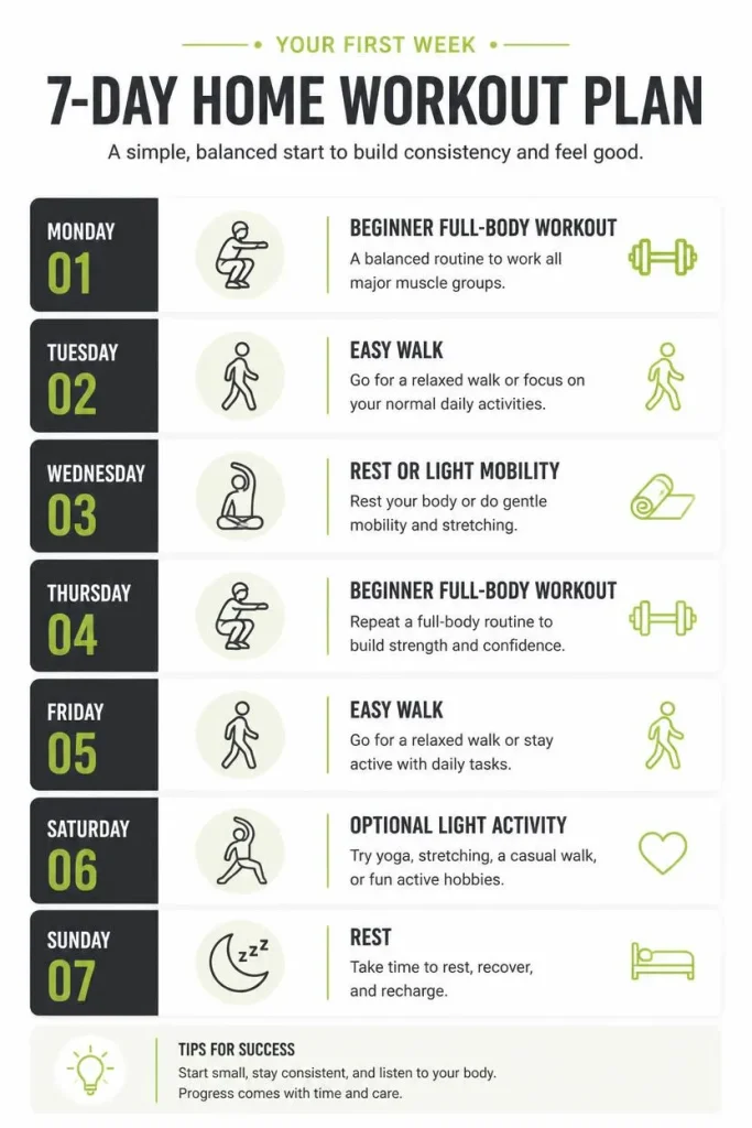 Beginner first-week home workout schedule with exercise, walking, mobility, and rest days