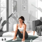 Beginner following a four-week home fitness plan with exercise mat dumbbells and resistance bands