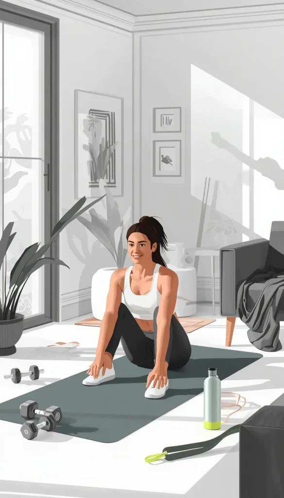 Beginner following a four-week home fitness plan with exercise mat dumbbells and resistance bands