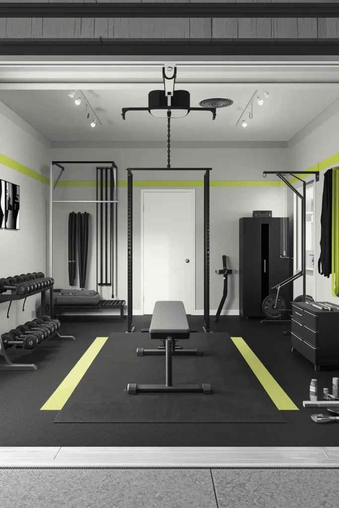 How to Design a Practical Garage Gym with adjustable dumbbells, resistance bands, bench, mat, pull-up bar, and open training space