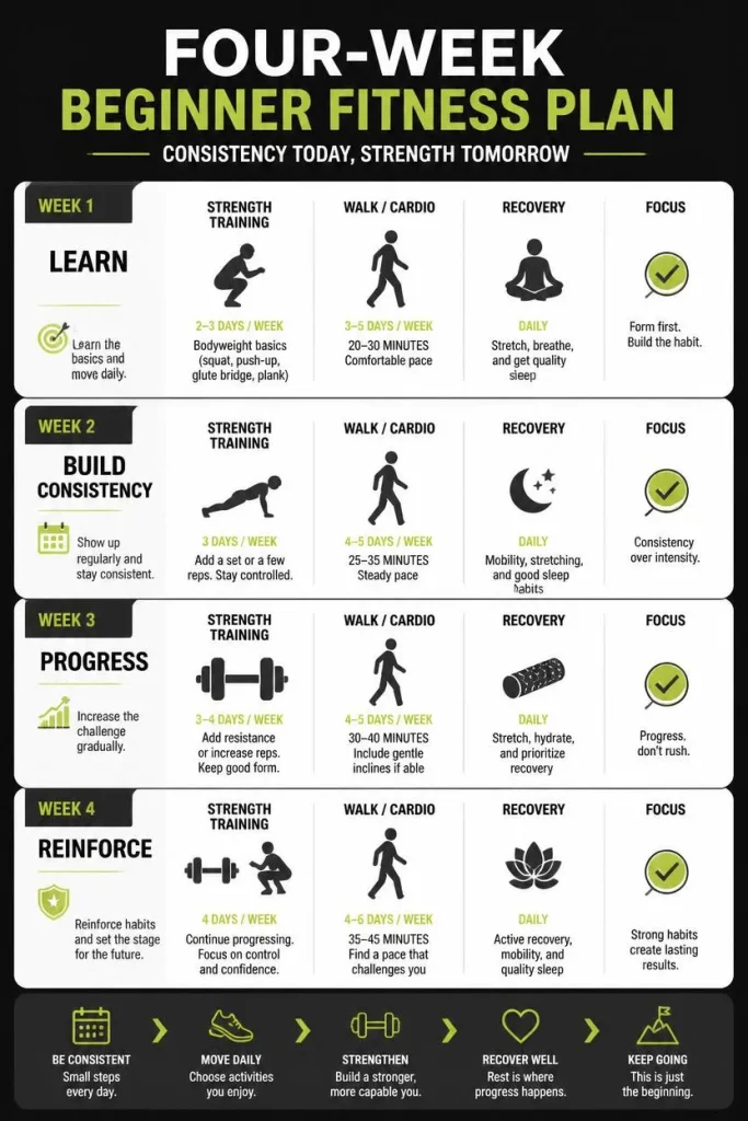 Four-week beginner fitness plan showing strength workouts walking progression and recovery