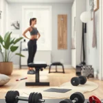 Beginner home workout equipment including dumbbells resistance bands exercise mat and bench