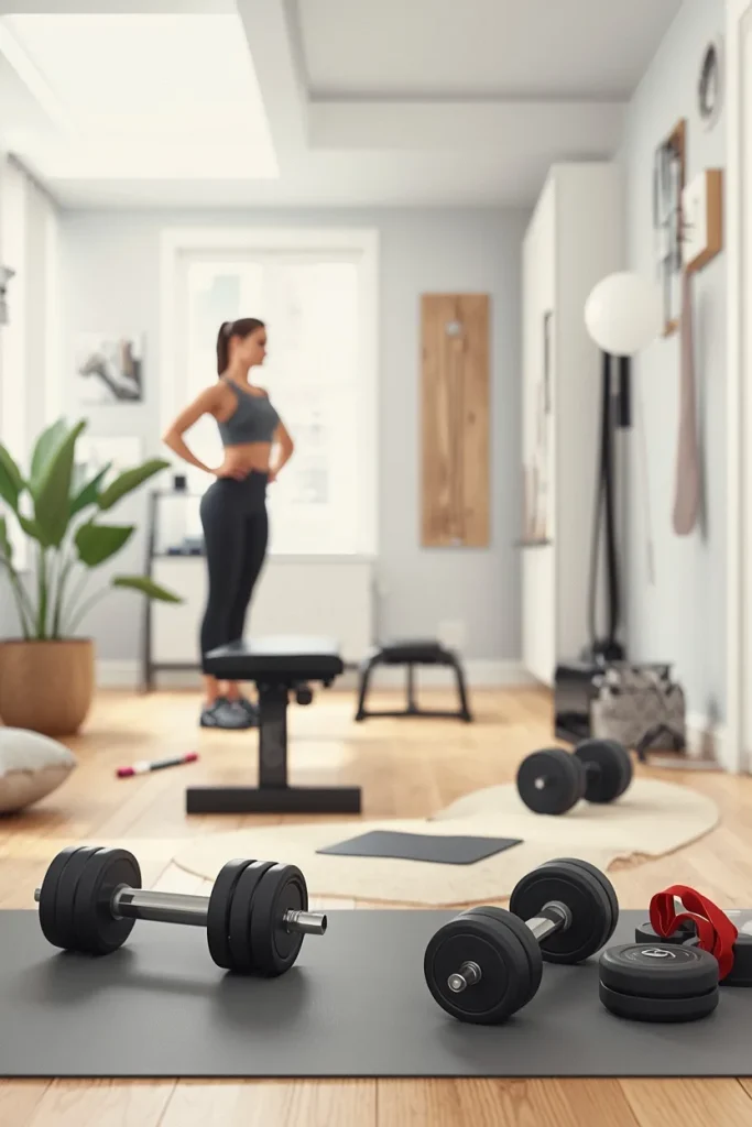 Beginner home workout equipment including dumbbells resistance bands exercise mat and bench
