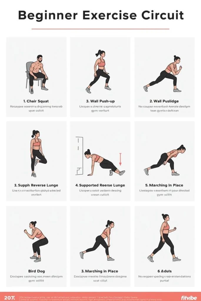 Beginner home workout exercises including chair squats, wall push-ups, glute bridges, lunges, and bird dogs