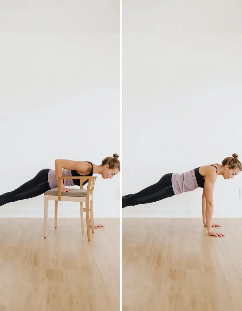 Beginner incline push-up and standard push-up variations for scaling a home workout.