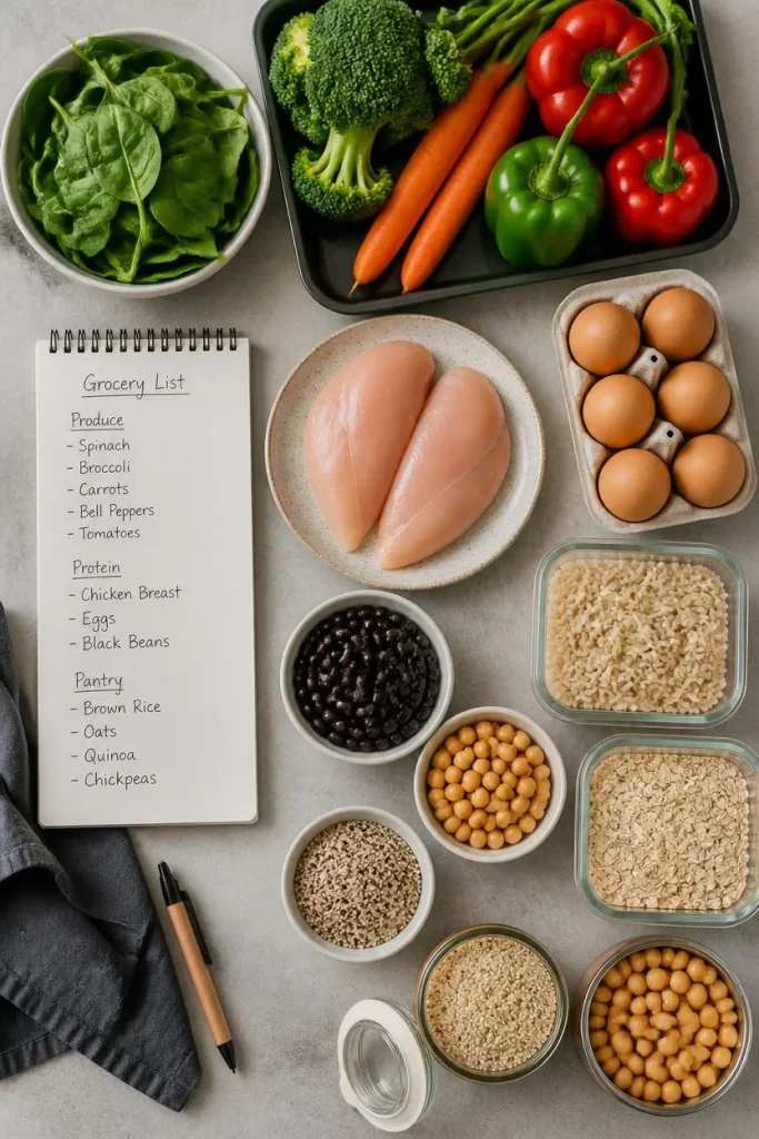Beginner meal prep grocery list with categorized healthy ingredients