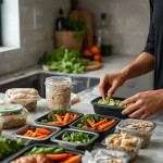 Beginner preparing chicken, rice, vegetables, overnight oats, and fruit for weekly meal prep in a home kitchen.