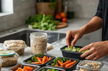 Beginner preparing chicken, rice, vegetables, overnight oats, and fruit for weekly meal prep in a home kitchen.