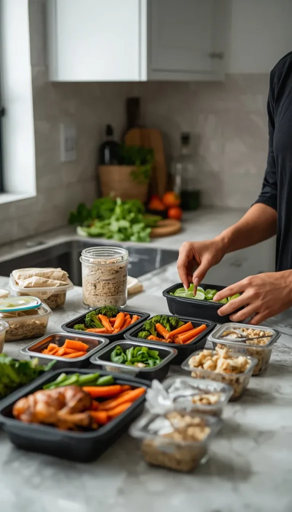 Beginner preparing chicken, rice, vegetables, overnight oats, and fruit for weekly meal prep in a home kitchen.