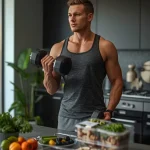 Beginner strength training in a modern home gym as part of a balanced approach to losing fat while preserving muscle