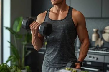 Beginner strength training in a modern home gym as part of a balanced approach to losing fat while preserving muscle