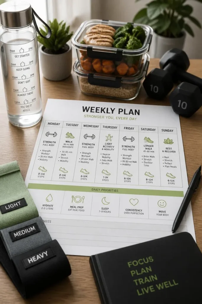 Beginner weekly routine combining strength training, walking, meal preparation, and rest