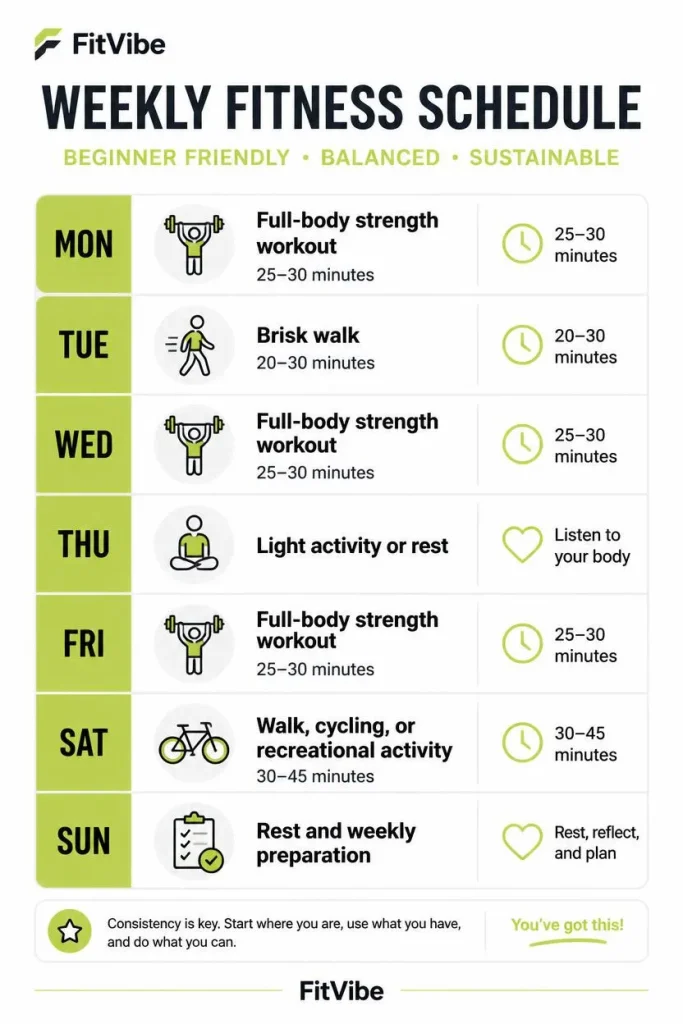 Beginner weekly workout schedule combining strength training, walking, light activity, and rest