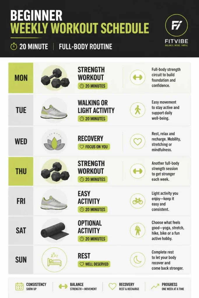 Beginner weekly workout schedule combining two full-body strength sessions, walking, activity, and recovery