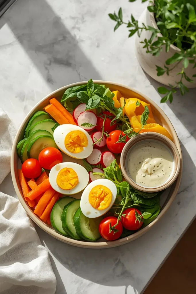 Boiled eggs served with fresh cucumber, cherry tomatoes, carrots, bell peppers, radishes, avocado, and leafy greens